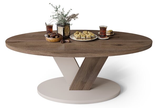 Mazzoni LOVA Elegáns Dió/Beige Taupe - OVÁLIS DOHÁNYZÓASZTAL 110x60 cm MODERN KÁVÉZÓ ASZTAL