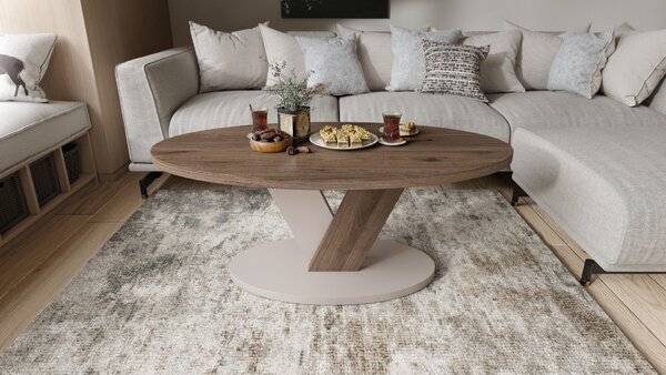 Mazzoni LOVA Elegáns Dió/Beige Taupe - OVÁLIS DOHÁNYZÓASZTAL 110x60 cm MODERN KÁVÉZÓ ASZTAL