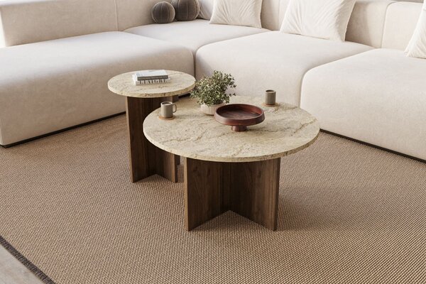 Hanah Home Coffee Table Set Travertine Walnut Private - Travertine, Walnut