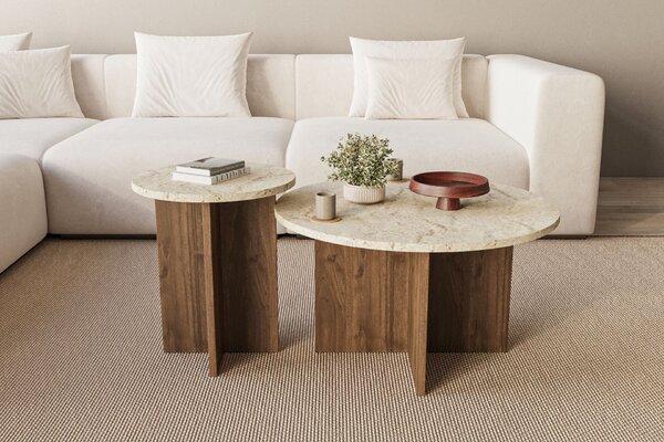 Hanah Home Coffee Table Set Travertine Walnut Private - Travertine, Walnut