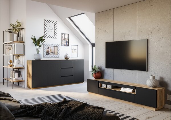 Loftia TV-szekrény 200 cm kétajtós nyitott résszel - artisan / fekete matt