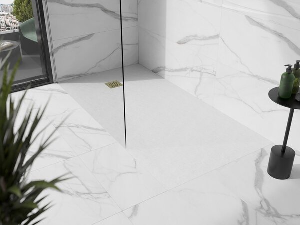 Mexen, Mexen Stone+ kompozytowy prostokątny brodzik 160 x 70 cm, biały, maskownica złota - 44107016-G