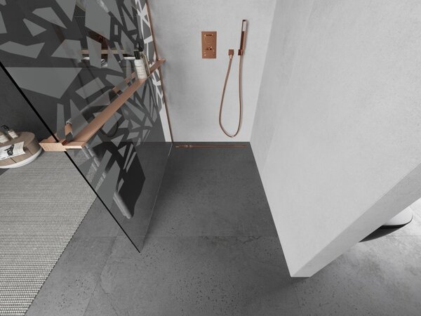 Mexen Kioto+, Walk-In zuhany paraván polccal és akasztóval 110 x 200 cm, 8 mm átlátszó üveg fehér mintás, réz matt profil, 800-110-121-65-85