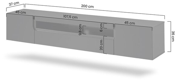 Loftia fali TV szekrény 200 cm, kétszárnyú, nyitott résszel - artisan / fekete matt