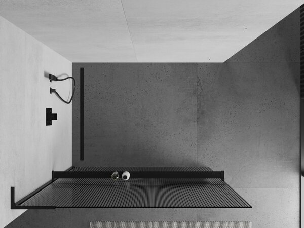 Mexen Kioto+ L, Walk-In zuhany paraván polccal és akasztóval 70 x 200 cm, 8 mm-es üveg bordás mintával, fekete profil, 800-070-123-70-09