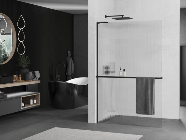 Mexen Kioto+ L, Walk-In zuhany paraván polccal és akasztóval 70 x 200 cm, 8 mm-es üveg bordás mintával, fekete profil, 800-070-123-70-09