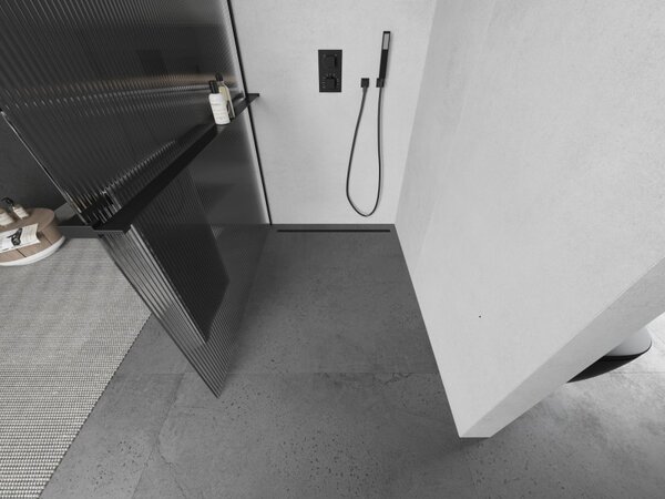 Mexen Kioto+ L, Walk-In zuhany paraván polccal és akasztóval 70 x 200 cm, 8 mm-es üveg bordás mintával, fekete profil, 800-070-123-70-09