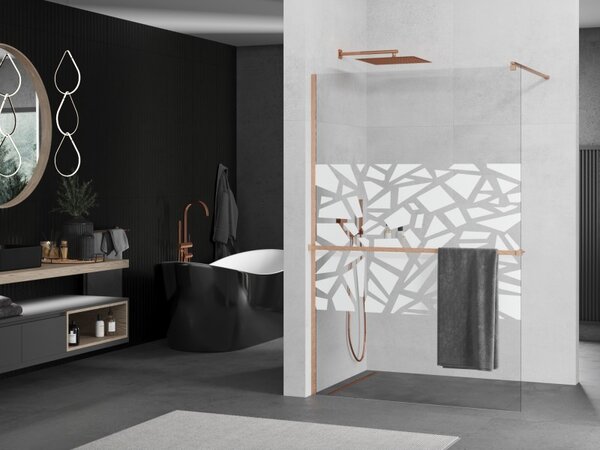 Mexen Kioto+, Walk-In zuhany paraván polccal és akasztóval 110 x 200 cm, 8 mm átlátszó üveg fehér mintás, réz matt profil, 800-110-121-65-85