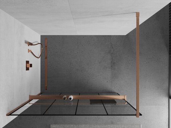 Mexen Kioto+, Walk-In zuhany paraván polccal és akasztóval 130 x 200 cm, 8 mm átlátszó üveg fekete mintával, réz matt profil, 800-130-121-65-77