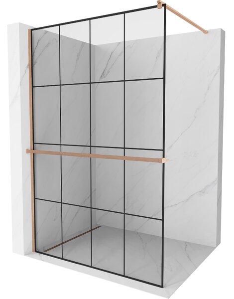 Mexen Kioto+, Walk-In zuhany paraván polccal és akasztóval 130 x 200 cm, 8 mm átlátszó üveg fekete mintával, réz matt profil, 800-130-121-65-77