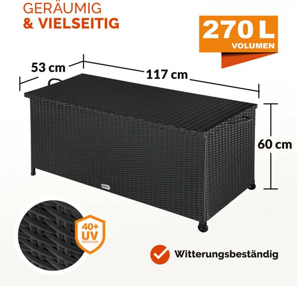 Kerti tárolóláda, polirattan, fekete, 117x53x60 cm