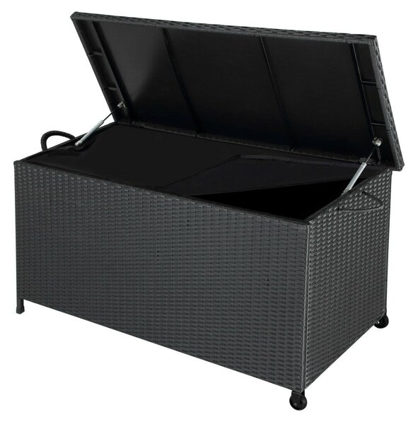 Kerti tárolóláda, polirattan, fekete, 117x53x60 cm