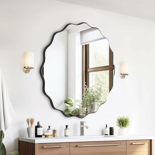 Dekoratív fali tükör szabálytalan hullámos modern fekete 50cm — fürdőszoba tükör, loft tükör, organikus tükör, előszoba tükör, függő tükör, hálószoba tükör, keretes tükör