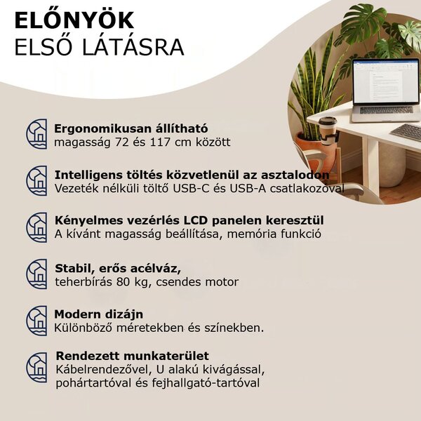 FLEXI állítható magasságú irodai íróasztal, 140x70x72–117cm, fehér Casaria