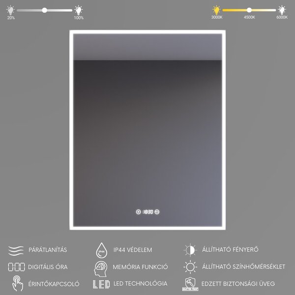 Álló fürdőszobai LED tükör 50x70cm | Páramentesítő funkció - Óra - Fényerő és színhőmérséklet szabályozás | Welland Luxury-Line G770