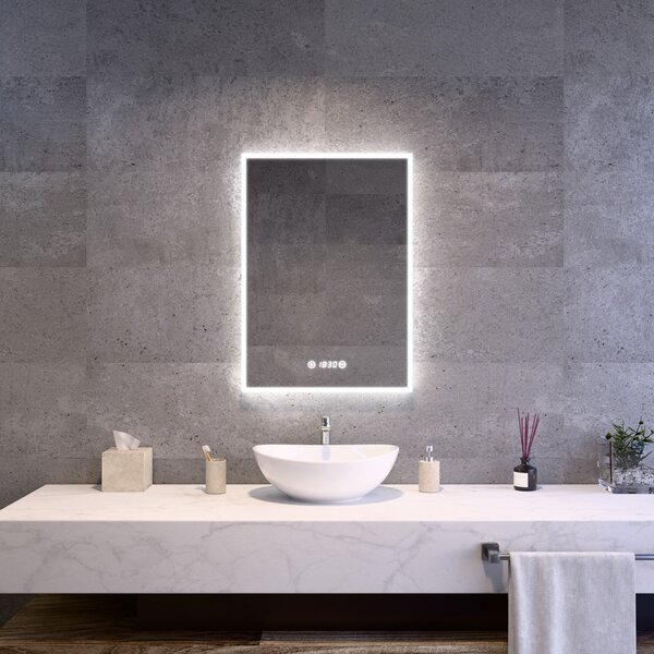Álló fürdőszobai LED tükör 50x70cm | Páramentesítő funkció - Óra - Fényerő és színhőmérséklet szabályozás | Welland Luxury-Line G770