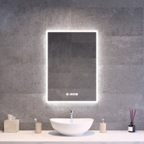 Álló fürdőszobai LED tükör 50x70cm | Páramentesítő funkció - Óra - Fényerő és színhőmérséklet szabályozás | Welland Luxury-Line G770