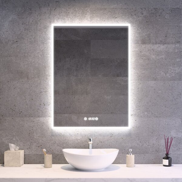 Álló fürdőszobai LED tükör 60x80cm | Páramentesítő funkció - Óra - Fényerő és színhőmérséklet szabályozás | Welland Luxury-Line G771