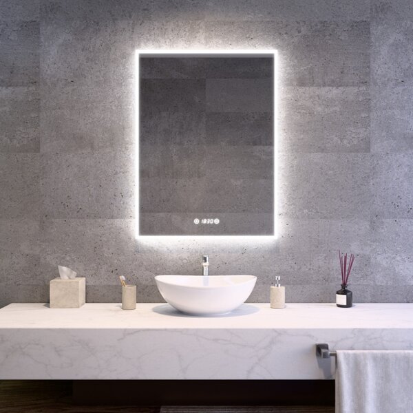 Álló fürdőszobai LED tükör 60x80cm | Páramentesítő funkció - Óra - Fényerő és színhőmérséklet szabályozás | Welland Luxury-Line G771