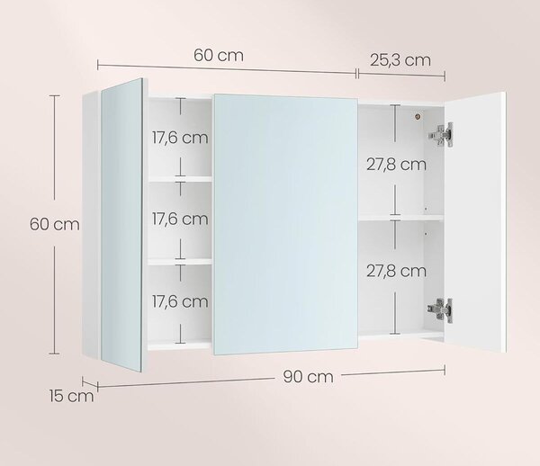 Fürdőszobai szekrény tükörrel, 3 ajtóval és állítható polcokkal, MDF, 90x15x60 cm, fehér
