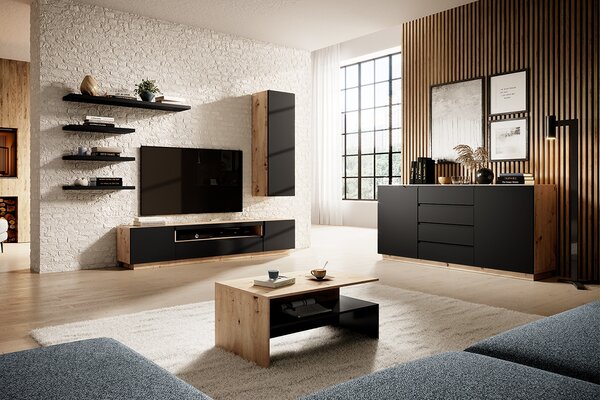 Loftia TV-szekrény 200 cm kétajtós nyitott résszel - artisan / fekete matt