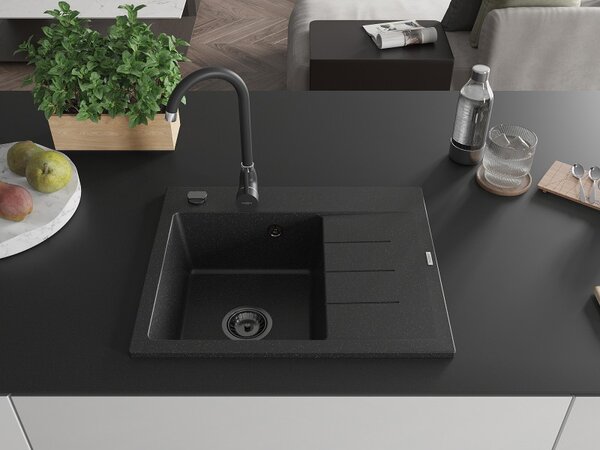 Mexen Ben, 1 kamrás gránit mosogató 600x500x190 mm, bal + fekete szifon, fekete-ezüst metál, 6522605000-73-B