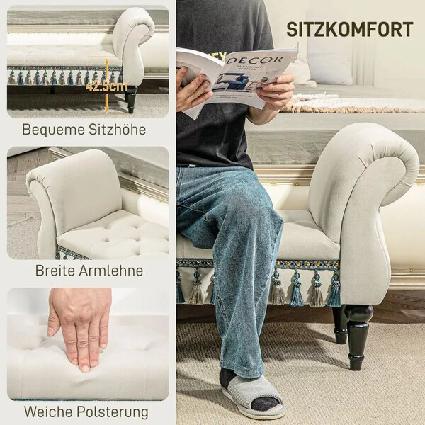 Kárpitozott pad, ülőfelülettel, vintage dizájn, 150 kg-ig, 117x40x58 cm, bézs