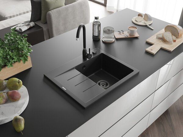 Mexen Ben, 1 kamrás gránit mosogató 600x500x190 mm, jobb + fekete szifon, fekete-ezüst metál, 6523605000-73-B