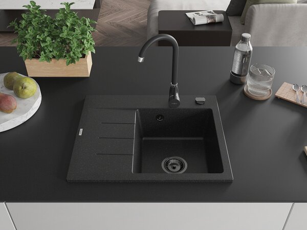 Mexen Ben, 1 kamrás gránit mosogató 600x500x190 mm, jobb + fekete szifon, fekete-ezüst metál, 6523605000-73-B