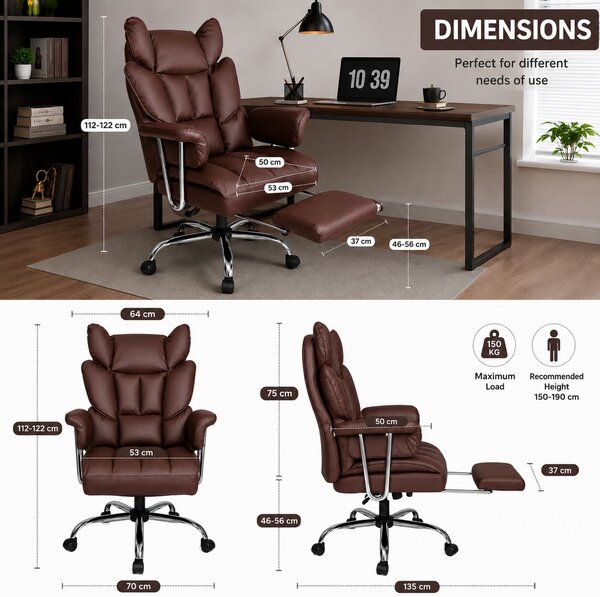 Ergonomikus irodai és gamer szék lábtartóval, barna ökobőr borítással, állítható magassággal, dönthető háttámlával, kényelmes kartámaszokkal, 150 kg teherbírással, modern kialakítással