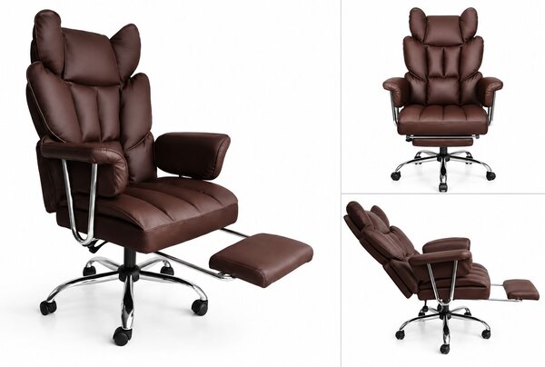 Ergonomikus irodai és gamer szék lábtartóval, barna ökobőr borítással, állítható magassággal, dönthető háttámlával, kényelmes kartámaszokkal, 150 kg teherbírással, modern kialakítással