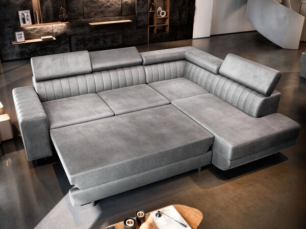 NOLA ágyneműtartós L alakú kihúzható sarok ülőgarnitúra - szürke Oldal: Balos