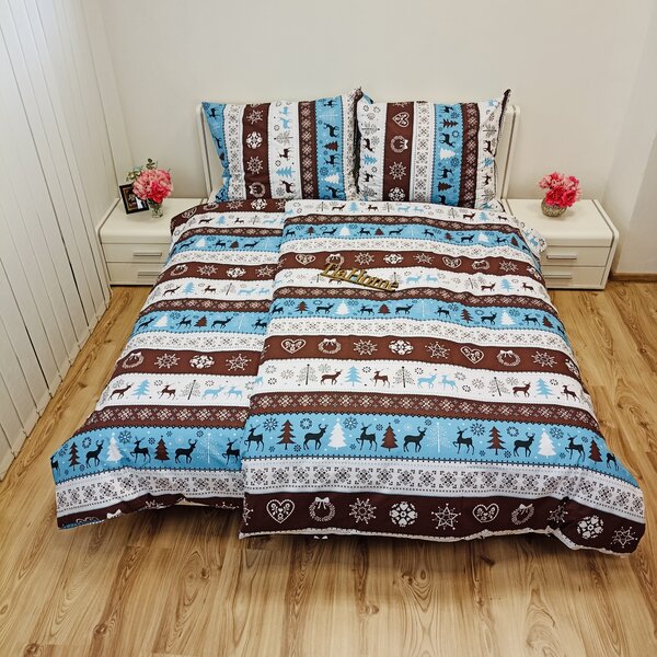 Karácsonyi Rénszarvas türkiz pamut ágyneműhuzat - 1x Párna 90x70cm, 1x Paplan 140x200cm