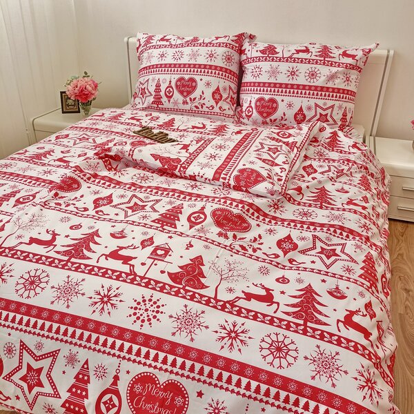 Karácsonyi Christmas piros pamut ágyneműhuzat - 1x Párna 90x70cm, 1x Paplan 140x200cm