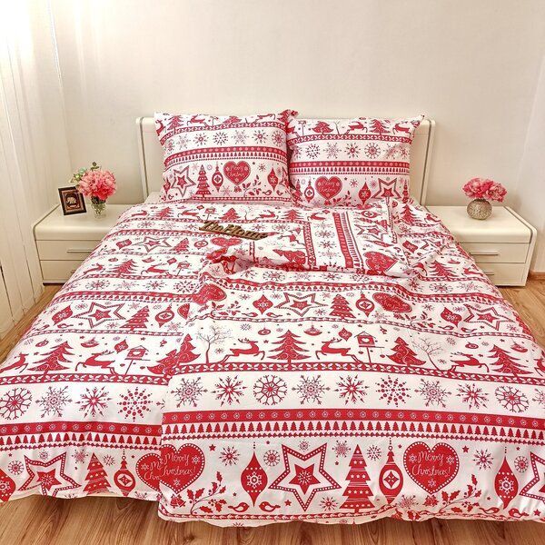 Karácsonyi Christmas piros pamut ágyneműhuzat - 1x Párna 90x70cm, 1x Paplan 140x200cm