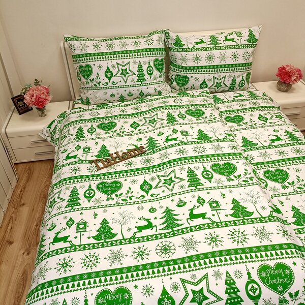 Karácsonyi zöld Christmas pamut ágyneműhuzat - 1x Párna 90x70cm, 1x Paplan 140x200cm