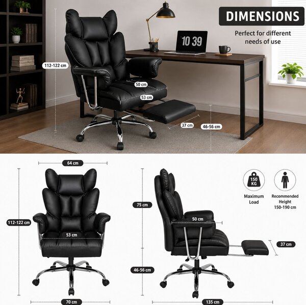Gamer és irodai szék lábtartóval, fekete ökobőr borítással, állítható magassággal, dönthető háttámlával, ergonomikus kartámaszokkal, deréktámasszal, 150 kg teherbírással