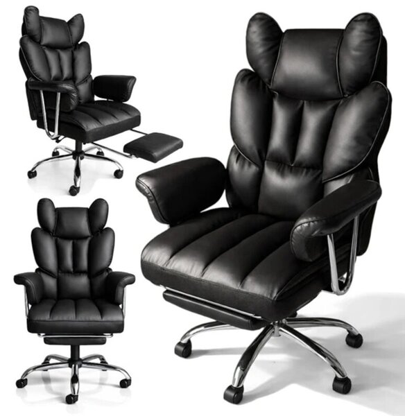 Gamer és irodai szék lábtartóval, fekete ökobőr borítással, állítható magassággal, dönthető háttámlával, ergonomikus kartámaszokkal, deréktámasszal, 150 kg teherbírással