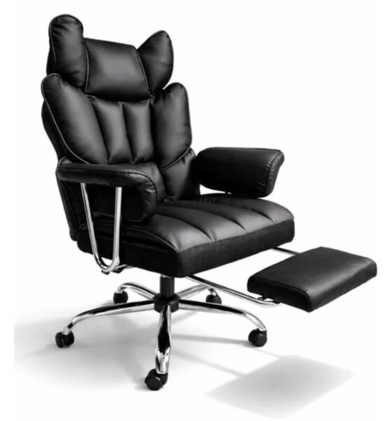 Gamer és irodai szék lábtartóval, fekete ökobőr borítással, állítható magassággal, dönthető háttámlával, ergonomikus kartámaszokkal, deréktámasszal, 150 kg teherbírással