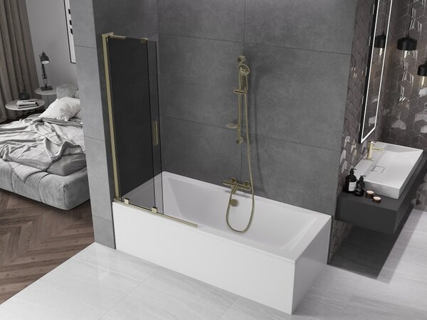 Mexen Velar L, 2 szárnyas eltolható kádparaván 90 x 150 cm, 8mm szürke üveg, arany fényes, 896-090-003-41-50