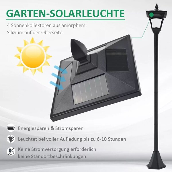 Outsunny LED napelemes kerti lámpa, rozsdamentes acél állólámpa, 160 cm magas, fekete