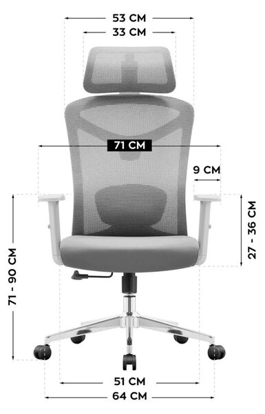 Ergonomikus irodai forgószék, deréktámasszal, 2D háttámla hálós anyaggal, szürke