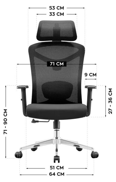 Ergonomikus irodai forgószék, deréktámasszal, 2D háttámla hálós anyaggal, fekete