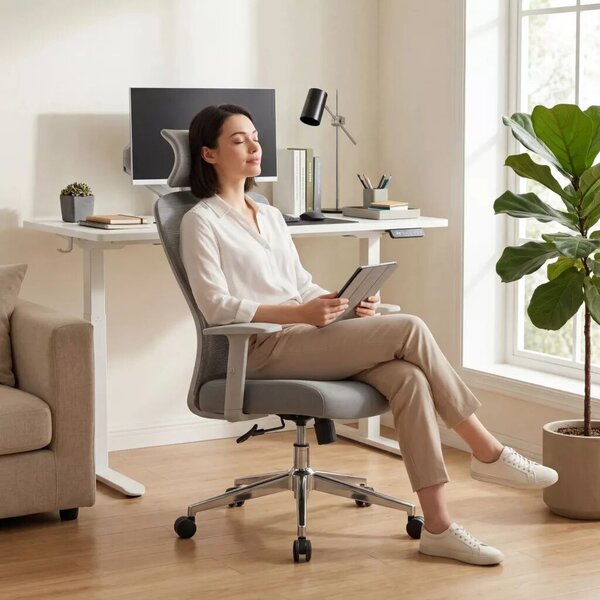 Ergonomikus irodai forgószék, deréktámasszal, 2D háttámla hálós anyaggal, szürke