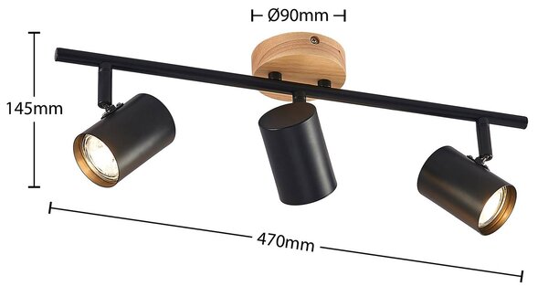 Lindby Xiomara mennyezeti lámpa, 3 lámpás, 68 cm hosszú, fa, dimmelhető, Fekete, Nappali / Étkező, fém, Modern