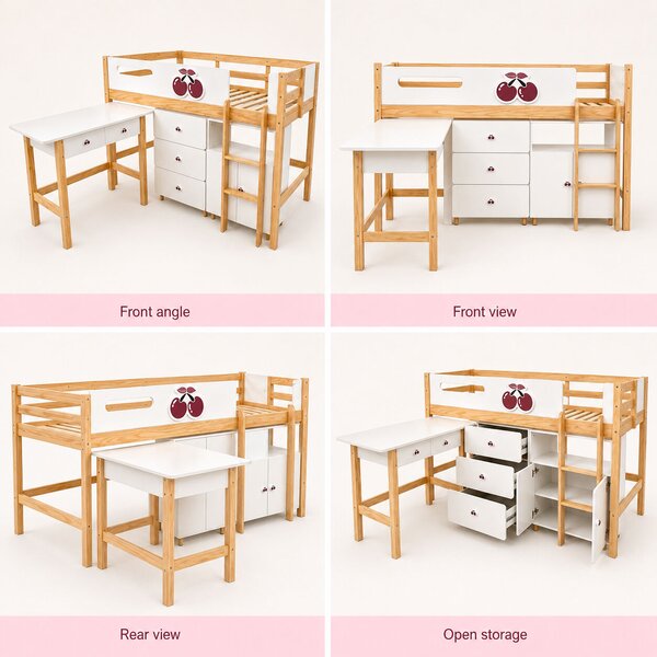 GINGER HOME CHERRY Gyerekszoba Bútorszett, 90×200 cm-es Kombinált Ággyal, Íróasztallal, Komóddal, Szekrénnyel és Háromajtós Ruhásszekrénnyel, Fehér–Rózsaszín–Natúr Fa