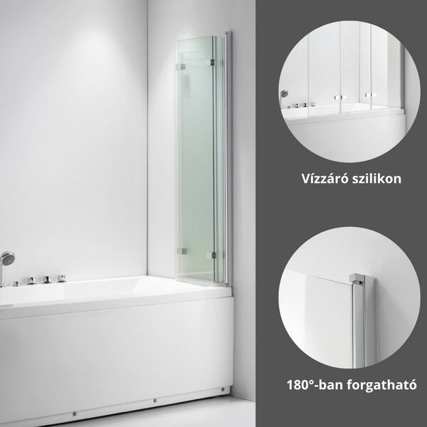 Stuxi Ravenna 120x140 összecsukható 3 szárnyú kádparaván 6 mm vastag vízlepergető biztonsági üveggel, krómozott elemekkel