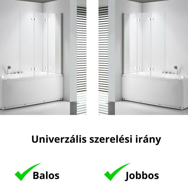 Stuxi Ravenna 120x140 összecsukható 3 szárnyú kádparaván 6 mm vastag vízlepergető biztonsági üveggel, krómozott elemekkel