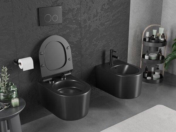 Mexen Sofia, falra akasztható wc csésze 490x360x355 mm, Perem nélküli Tornado + duroplast wc ülőke, fekete matt, 30540185T