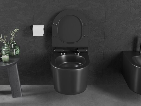 Mexen Sofia, falra akasztható wc csésze 490x360x355 mm, Perem nélküli Tornado + duroplast wc ülőke, fekete matt, 30540185T